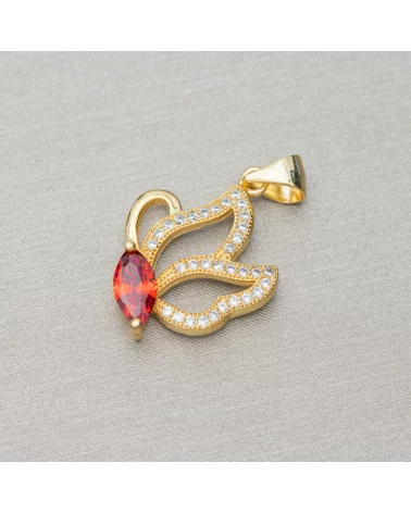 Ciondolo Pendente Di Argento 925 Con Zirconi Farfalla 15x26mm 3pz Dorato Rosso-ARGENTO 925 DESIGN ITALY | Worldofjewel.com