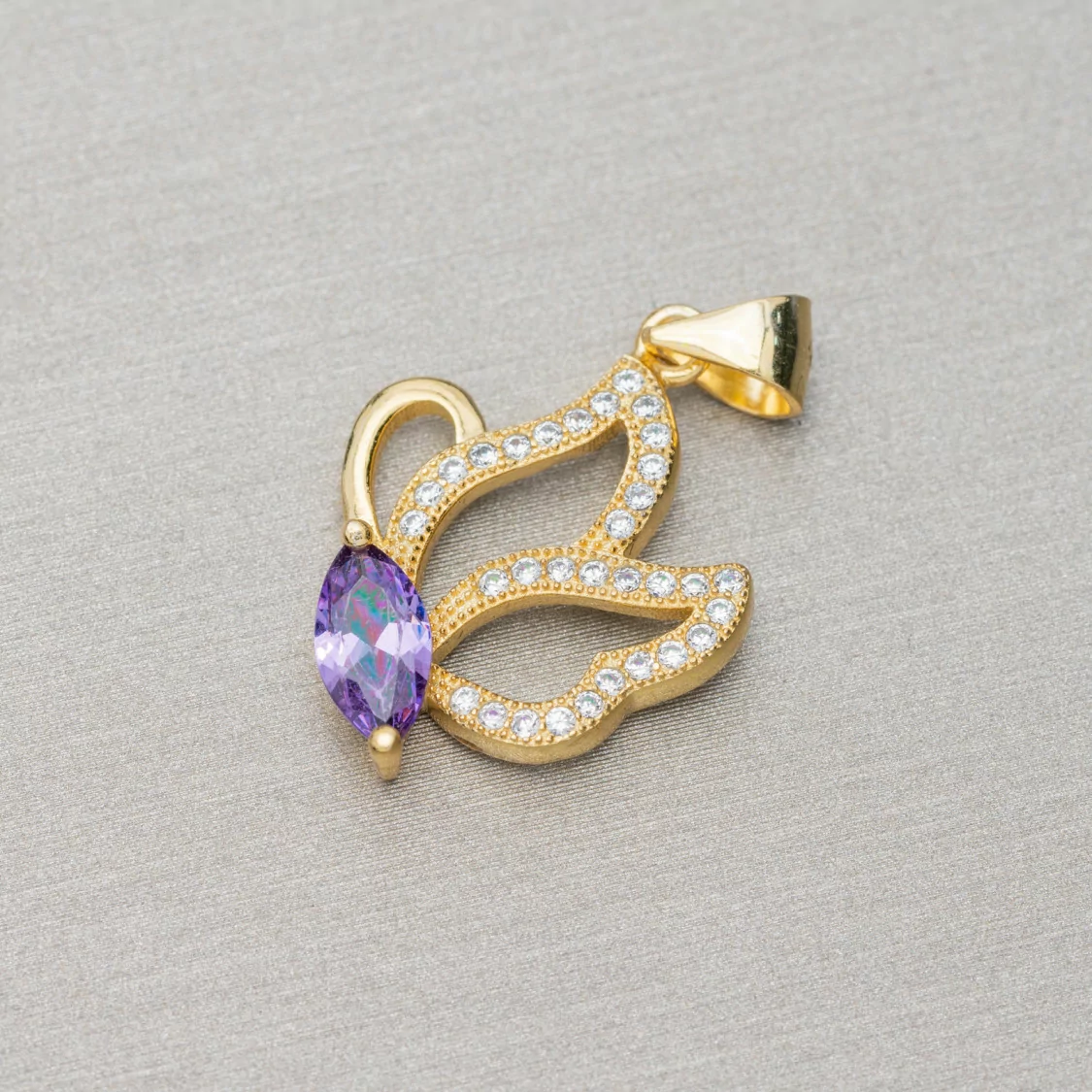 Ciondolo Pendente Di Argento 925 Con Zirconi Farfalla 15x26mm 3pz Dorato Viola-ARGENTO 925 DESIGN ITALY | Worldofjewel.com