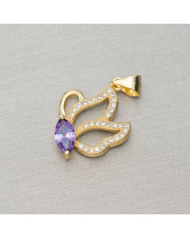 Ciondolo Pendente Di Argento 925 Con Zirconi Farfalla 15x26mm 3pz Dorato Viola-ARGENTO 925 DESIGN ITALY | Worldofjewel.com