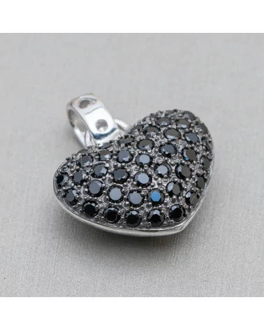 Ciondolo Pendente Di Argento 925 Cuore Con Zirconi Neri 22x24mm-ARGENTO 925 DESIGN ITALY | Worldofjewel.com