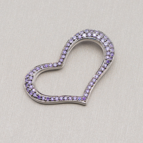 Pendentif Coeur Percé En Argent 925 Avec Zircons Violets 25x38mm