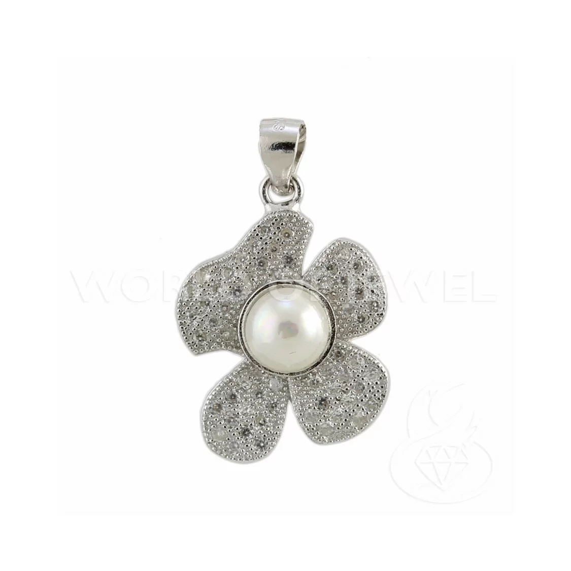 Ciondolo Pendente Di Argento 925 Fiore Con Zirconi E Perle 17x27mm-ARGENTO 925 DESIGN ITALY | Worldofjewel.com