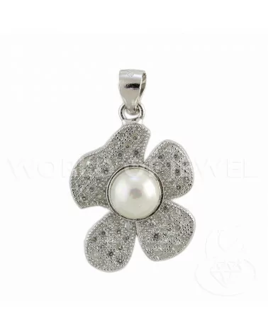 Ciondolo Pendente Di Argento 925 Fiore Con Zirconi E Perle 17x27mm-ARGENTO 925 DESIGN ITALY | Worldofjewel.com