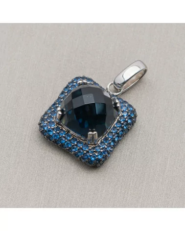 Ciondolo Pendente Di Argento 925 Quadrato Con Zirconi Blu Indaco E Onice Sfaccettato 18x28mm-ARGENTO 925 DESIGN ITALY | Worldofjewel.com