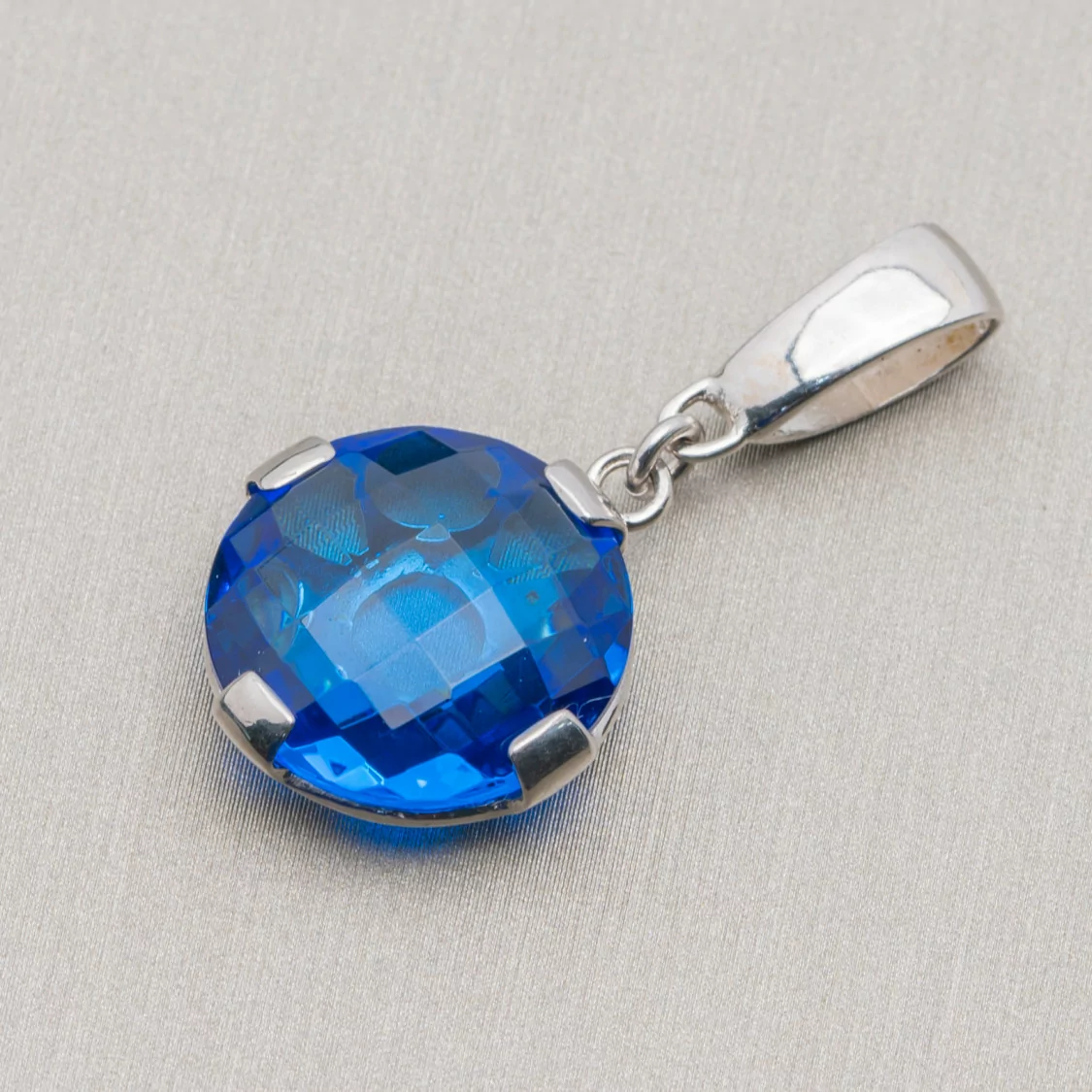 Ciondolo Pendente Di Argento 925 Tondo Piatto Con Cubic Zirconia Blu 18x35mm-ARGENTO 925 DESIGN ITALY | Worldofjewel.com