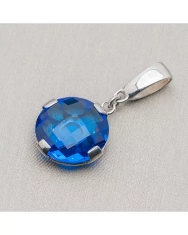 Ciondolo Pendente Di Argento 925 Tondo Piatto Con Cubic Zirconia Blu 18x35mm-ARGENTO 925 DESIGN ITALY | Worldofjewel.com