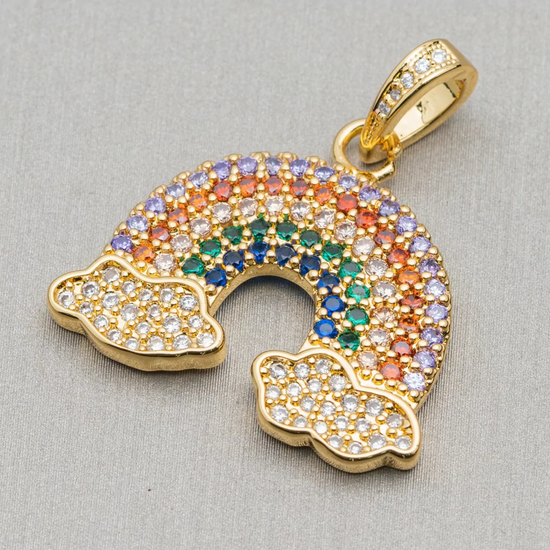 Ciondolo Pendente Di Bronzo Con Zirconi Multicolor Pavè Arcobaleno Con Nuvole 26x29mm 5pz-ARGENTO 925 DESIGN ITALY | Worldofjewel.com