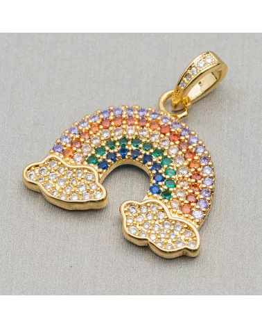 Ciondolo Pendente Di Bronzo Con Zirconi Multicolor Pavè Arcobaleno Con Nuvole 26x29mm 5pz-ARGENTO 925 DESIGN ITALY | Worldofjewel.com