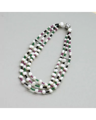 Collana Bijoux Con Perle E Diamond Cut Rosso, Nero E Verde A 3 Fili 43cm-DESIGN ITALY | Worldofjewel.com