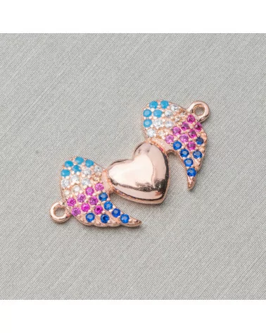 Componente Connettore Di Argento 925 Con Zirconi Ali E Cuore Con 2 Anellini 17,5x10,5mm 4pz Oro Rosa-CONNETTORI PAVE' | Worldofjewel.com