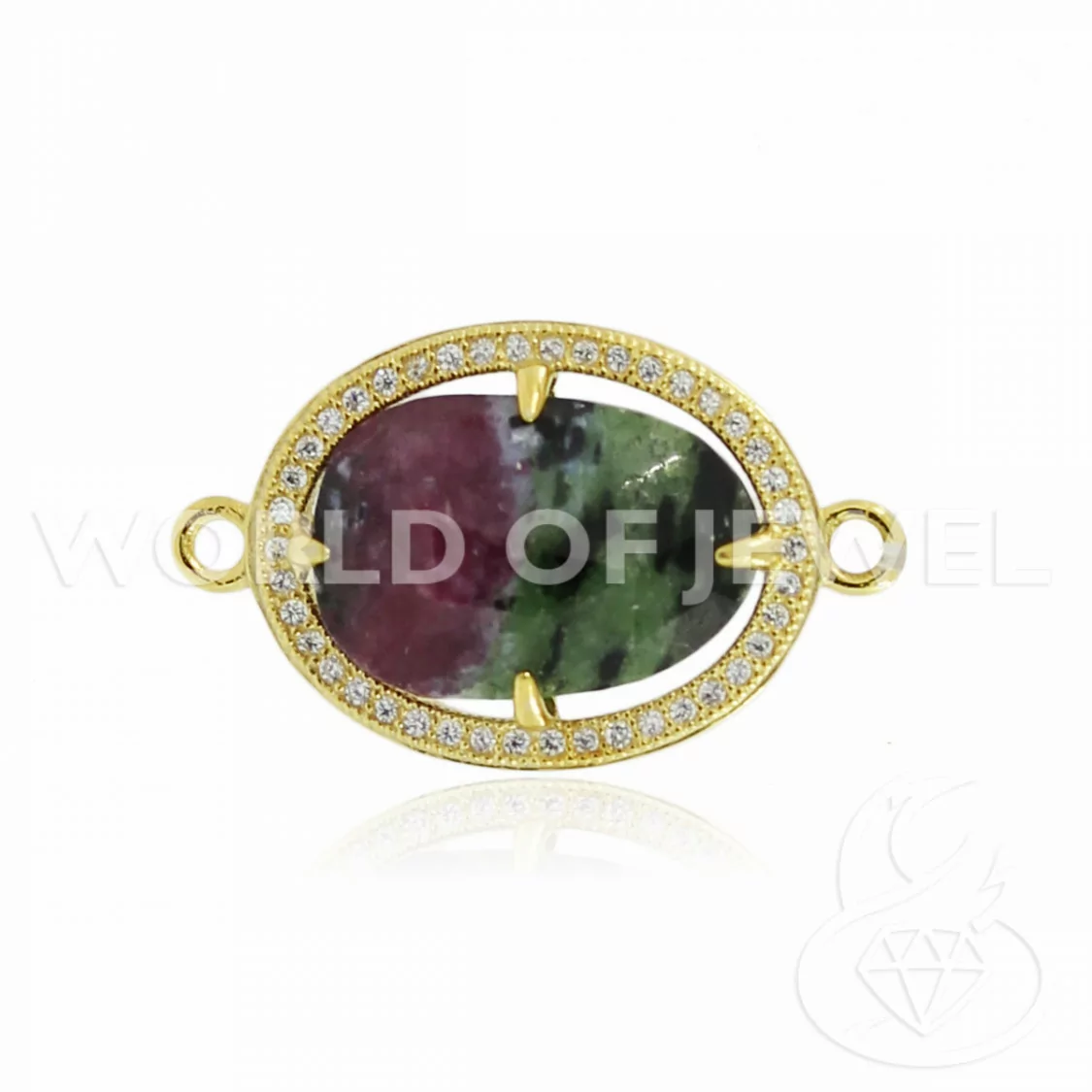 Componente Connettore Di Argento 925 Con Zirconi E Rubyzoisite Ovale 16x21mm Dorato 2pz-CONNETTORI CON PIETRE | Worldofjewel.com