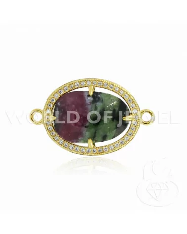 Componente Connettore Di Argento 925 Con Zirconi E Rubyzoisite Ovale 16x21mm Dorato 2pz-CONNETTORI CON PIETRE | Worldofjewel.com