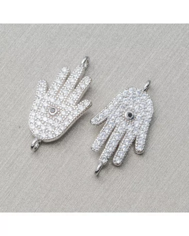 Componente Connettore Di Argento 925 Con Zirconi Mano Di Fatima Con 2 Anellini 10x14mm 6pz Rodiato-CONNETTORI PAVE' | Worldofjewel.com