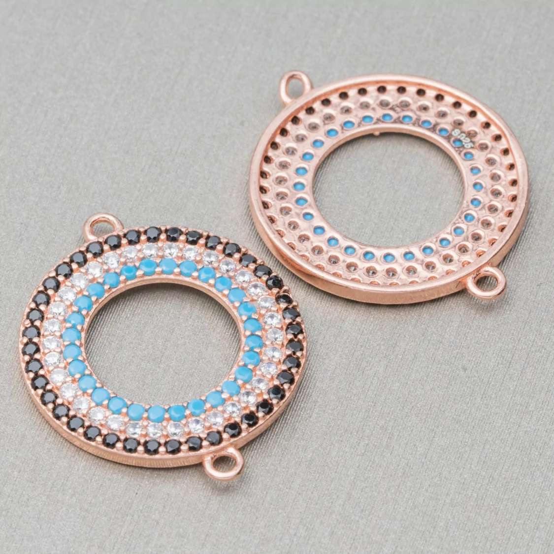 Componente Connettore Di Argento 925 Con Zirconi Micropave Tondo Ciambella Con 2 Anellini 17mm 4pz Oro Rosa-CONNETTORI PAVE' | Worldofjewel.com