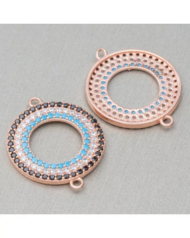 Componente Connettore Di Argento 925 Con Zirconi Micropave Tondo Ciambella Con 2 Anellini 17mm 4pz Oro Rosa-CONNETTORI PAVE' | Worldofjewel.com