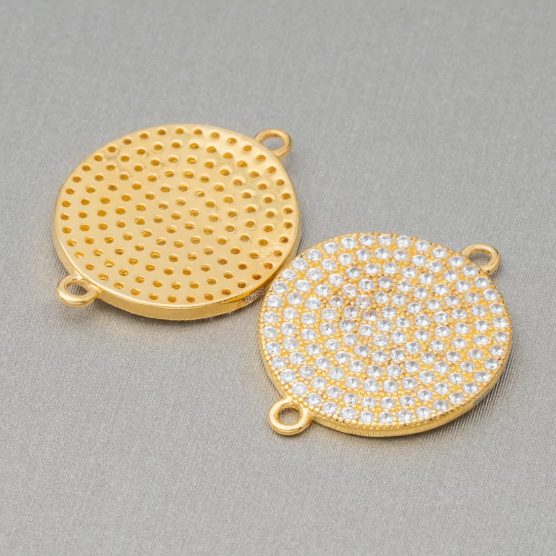 Componente Connettore Di Argento 925 Con Zirconi Tondo Coin Con 2 Anellini 15mm 4pz Dorato-CONNETTORI PAVE' | Worldofjewel.com