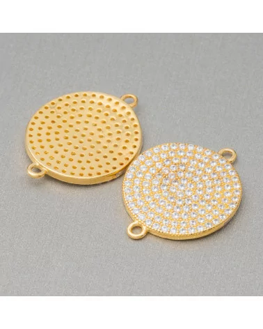 Componente Connettore Di Argento 925 Con Zirconi Tondo Coin Con 2 Anellini 15mm 4pz Dorato-CONNETTORI PAVE' | Worldofjewel.com