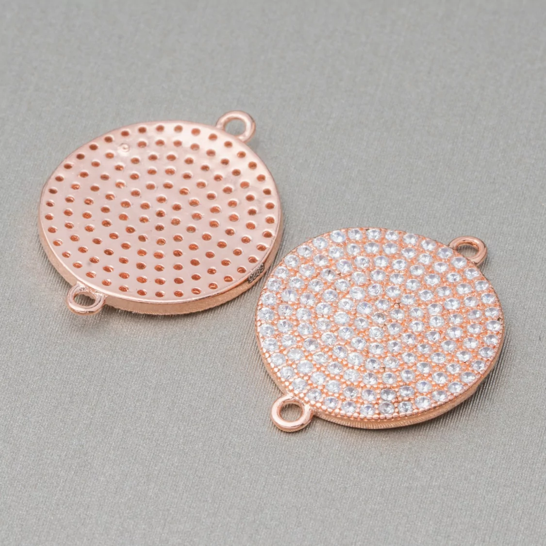 Componente Connettore Di Argento 925 Con Zirconi Tondo Coin Con 2 Anellini 15mm 4pz Oro Rosa-CONNETTORI PAVE' | Worldofjewel.com