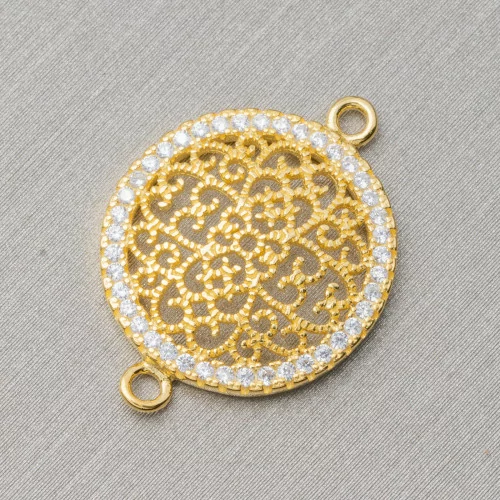 Connector Component Of 925 Silver With Openwork Round Zircons 23x17mm 4pcs Golden