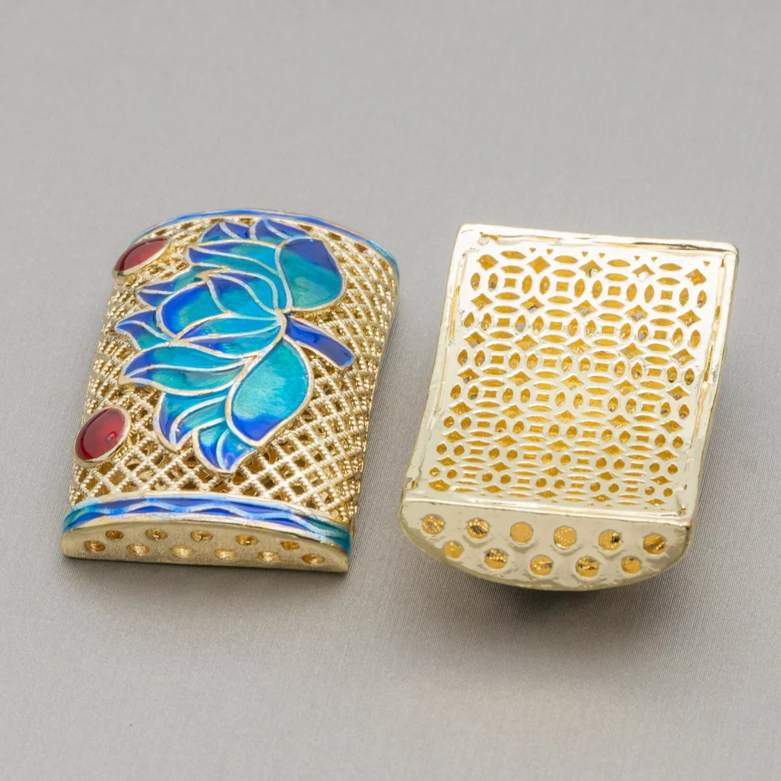 Componente Connettore Di Ottone Smaltato Cloisonne' 42x22mm 2pz Fiore Loto-CONNETTORI LISCI | Worldofjewel.com