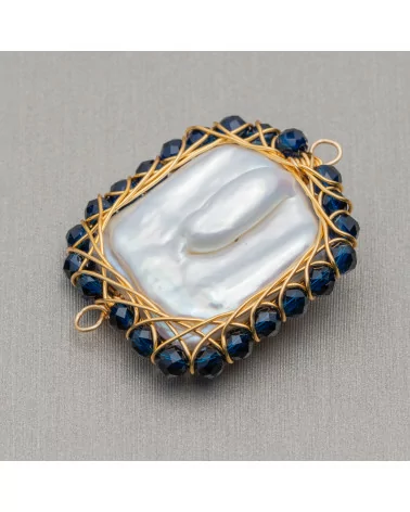 Componente Di Perle Di Fiume Con Pietre Diamond Cut Intrecciati 2pz 24x30mm Blu-COMPONENTI DI PIETRE DURE | Worldofjewel.com