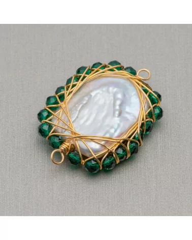 Componente Di Perle Di Fiume Con Pietre Diamond Cut Intrecciati 2pz 24x30mm Verde-COMPONENTI DI PIETRE DURE | Worldofjewel.com