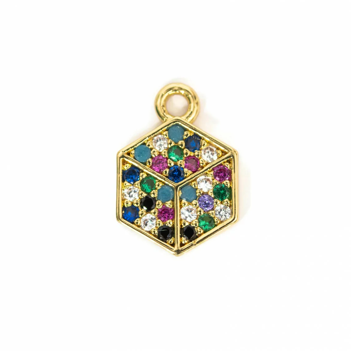 Componente Pendente Di Bronzo Con Zirconi Multicolor Pavè Cubo Piatto Con Un Anellino 08x11mm 15pz-CIONDOLI DI OTTONE | Worldofjewel.com