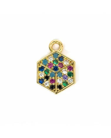 Componente Pendente Di Bronzo Con Zirconi Multicolor Pavè Cubo Piatto Con Un Anellino 08x11mm 15pz-CIONDOLI DI OTTONE | Worldofjewel.com