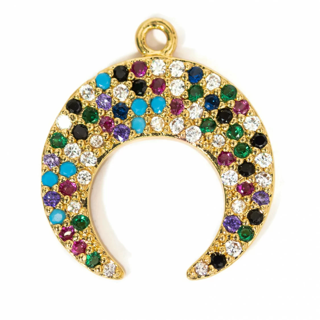 Componente Pendente Di Bronzo Con Zirconi Multicolor Pavè Spicchio Di Luna Con Un Anellino 16x18mm 10pz-CIONDOLI DI OTTONE | Worldofjewel.com