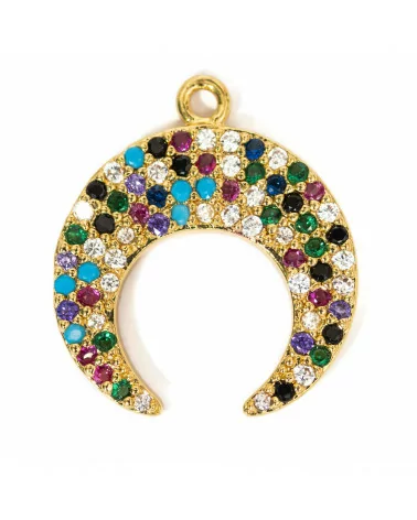 Componente Pendente Di Bronzo Con Zirconi Multicolor Pavè Spicchio Di Luna Con Un Anellino 16x18mm 10pz-CIONDOLI DI OTTONE | Worldofjewel.com