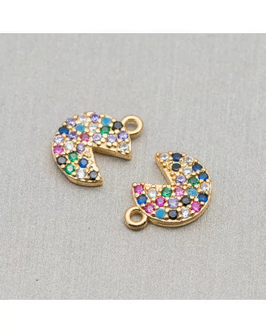 Componente Pendente Di Bronzo Con Zirconi Multicolor Pavè Spicchio Pac-Man Con Un Anellino 08x11mm 15pz Dorato-CIONDOLI DI OTTONE | Worldofjewel.com