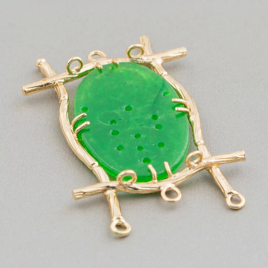 Connettore Componente Cabochon Incastonato Di Giada Burma Ovale 30x47mm 8pz Dorato Verde-COMPONENTI DI GIADA BURMA | Worldofjewel.com