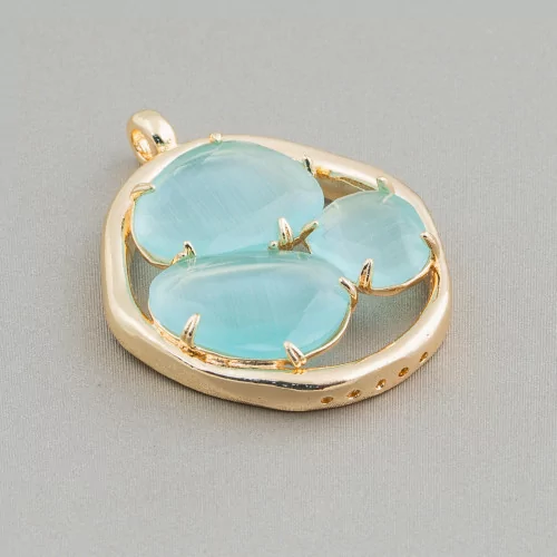 3 Pierre Cat Eye Laiton Composant Connecteur 32x41mm 4pcs Golden Aqua