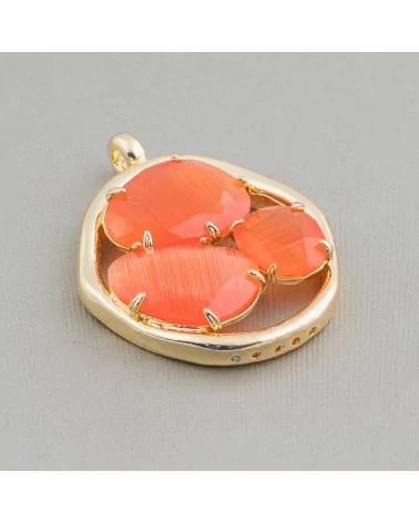 Connettore Componente Di Ottone Con Occhio Di Gatto A 3 Pietre 32x41mm 4pz Dorato Arancio-CABOCHON BORDATI E INCASTONATI | Worldofjewel.com