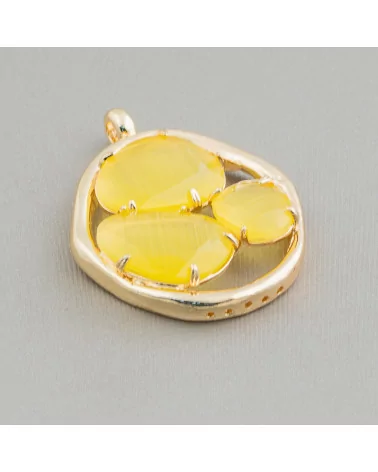 Connettore Componente Di Ottone Con Occhio Di Gatto A 3 Pietre 32x41mm 4pz Dorato Giallo-CABOCHON BORDATI E INCASTONATI | Worldofjewel.com