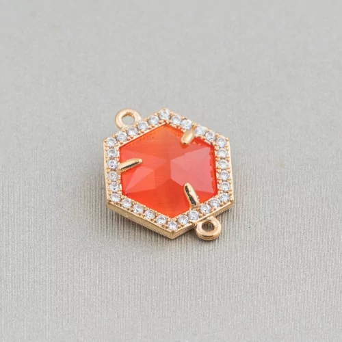 Connettore Componente Di Ottone Con Occhio Di Gatto Incastonati e Zirconi Esagono 14mm 10pz Dorato Arancio-CABOCHON BORDATI E INCASTONATI | Worldofjewel.com