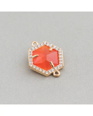 Connettore Componente Di Ottone Con Occhio Di Gatto Incastonati e Zirconi Esagono 14mm 10pz Dorato Arancio-CABOCHON BORDATI E INCASTONATI | Worldofjewel.com