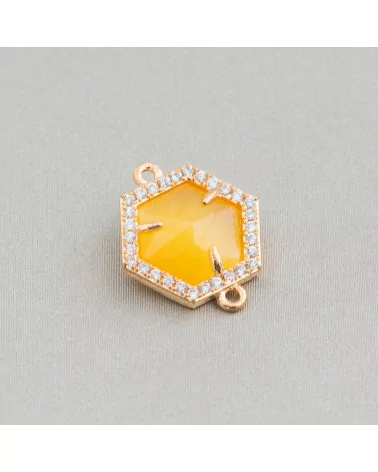 Connettore Componente Di Ottone Con Occhio Di Gatto Incastonati e Zirconi Esagono 14mm 10pz Dorato Giallo-CABOCHON BORDATI E INCASTONATI | Worldofjewel.com