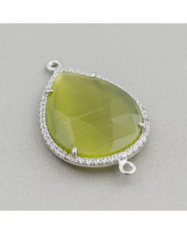 Connettore Componente Di Ottone Con Occhio Di Gatto Incastonati e Zirconi Goccia 22x30mm Con 2 Anellini 6pz Rodiato Verde Bosco- GOCCE | Worldofjewel.com