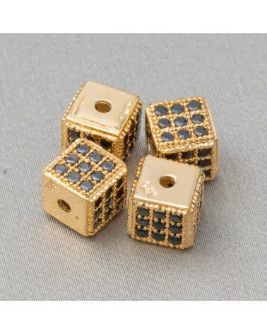 Distanziatore Di Argento 925 Cubo 5,5mm Foro Piccolo Dorato Con Zirconi Nero 8pz-CONNETTORI CON STRASS | Worldofjewel.com