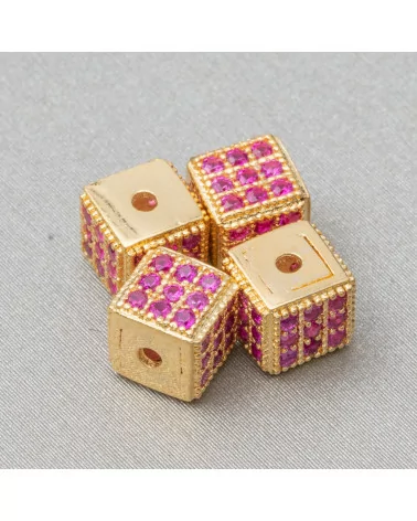 Distanziatore Di Argento 925 Cubo 5,5mm Foro Piccolo Dorato Con Zirconi Ruby 8pz-CONNETTORI CON STRASS | Worldofjewel.com