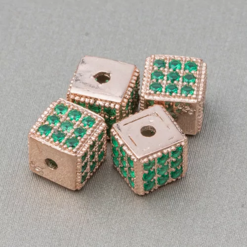 925 Silver Spacer Cube 5,5mm Small Hole Rose Gold With Emerald Zircons 8 τμχ