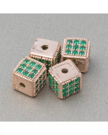 Distanziatore Di Argento 925 Cubo 5,5mm Foro Piccolo Oro Rosa Con Zirconi Smeraldo 8pz-CONNETTORI CON STRASS | Worldofjewel.com