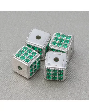 Distanziatore Di Argento 925 Cubo 5,5mm Foro Piccolo Rodiato Con Zirconi Smeraldo 8pz-CONNETTORI CON STRASS | Worldofjewel.com