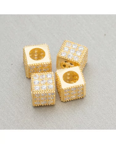 Distanziatore Di Argento 925 Cubo 6mm Foro Largo da 3,8mm Dorato Con Zirconi Bianchi 10pz-CONNETTORI CON STRASS | Worldofjewel.com