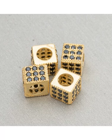 Distanziatore Di Argento 925 Cubo 6mm Foro Largo da 3,8mm Dorato Con Zirconi Nero 10pz-CONNETTORI CON STRASS | Worldofjewel.com