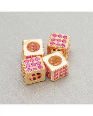 Distanziatore Di Argento 925 Cubo 6mm Foro Largo da 3,8mm Dorato Con Zirconi Ruby 10pz-CONNETTORI CON STRASS | Worldofjewel.com