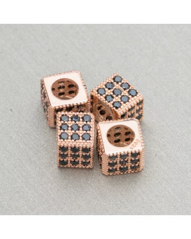 Distanziatore Di Argento 925 Cubo 6mm Foro Largo da 3,8mm Oro Rosa Con Zirconi Nero 10pz-CONNETTORI CON STRASS | Worldofjewel.com