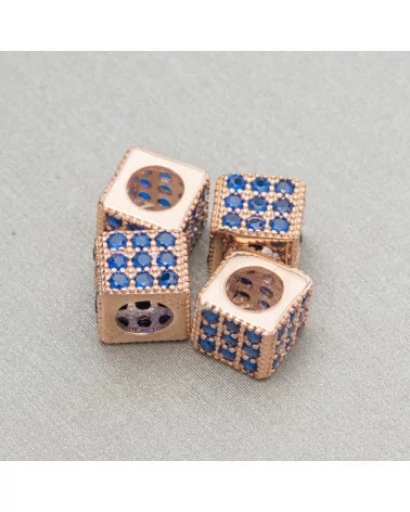 Distanziatore Di Argento 925 Cubo 6mm Foro Largo da 3,8mm Oro Rosa Con Zirconi Zaffiro 10pz-CONNETTORI CON STRASS | Worldofjewel.com