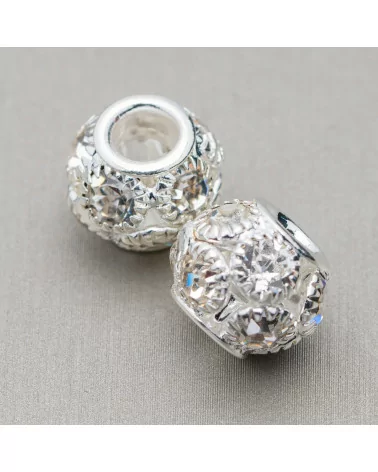 Distanziatore Palline Di Ottone E Strass 12mm Foro Largo 34pz Bianco Argentato-PALLINE STRASS | Worldofjewel.com